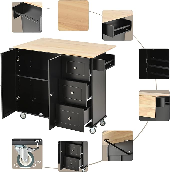 52.7 Cart with Wood Top and Drop Leaf Breakfast Bar, Rolling Mobile Island Towel Rack,Large Storage Cabinet Kitchen Table for Dinning Room, Black, 52.76 Inch - LeafyLoom