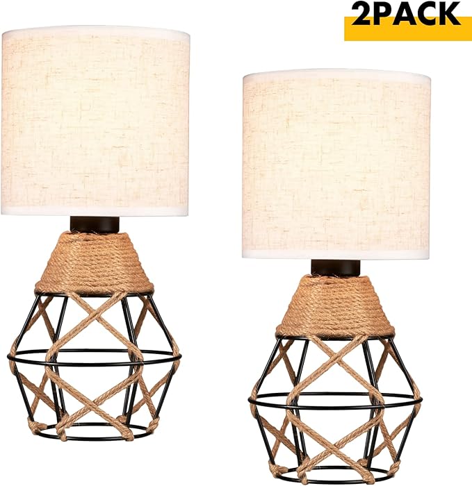 Hamilyeah Woven Table Lamps Set of 2, Farmhouse Lamps for Nightstand with On/Off Switch, Bedside Lamps with Fabric Shade, Modern Simple Lamps for Bedroom, Living Room,home office - LeafyLoom