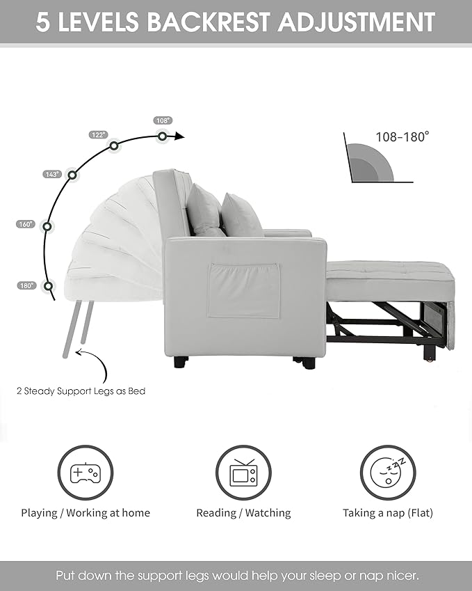 XSPRACER [UPDATED] Convertible Chair Bed, Sleeper Chair Bed 3 in 1, Stepless Adjustable Backrest,Armchair, Sofa, Bed, Linen, Silver, Single One - LeafyLoom