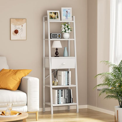 Furologee 5 Tier BookShelf, Ladder Shelf with Drawer, Tall Bookcase Corner Shelf, Narrow Shelf Industrial Display Standing Units for Home Office, Living Room, Bedroom, Kitchen, White - LeafyLoom