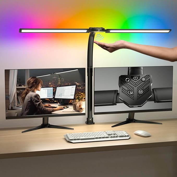 RGB Double Swing Arm Desk Lamp - 24W Ultra Bright Auto Dimming Desk Light, Multi-Angle Adjustment, Touch Control Desktop Lamp- Ideal for Home Office, Gaming, Reading, Work - LeafyLoom