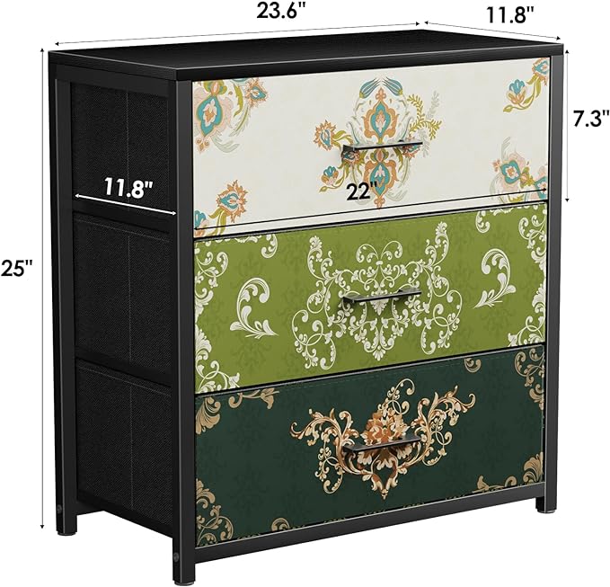 Nightstand, End Table, Bedside Table, Small Tall Boho Dresser for Bedroom with 3 Drawer, Chest of Drawers Fabric Dressers with Wood Top for Closet, Living Room, Retro Flower - LeafyLoom