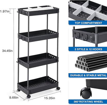 TOOLF 4 Tier Utility Cart with Wheels, Rolling Cart with Adjustable Divider & Hooks, Cart Organizer for Diaper Craft Snack, Narrow Storage Cart for Laundry Bedroom Bathroom Kitchen, Black - LeafyLoom