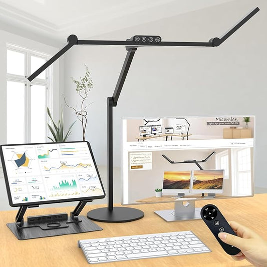 Micomlan Architect Desk Lamp with Remote Control, Adjustable Led Desk Light for Home Office with Base, 24W Bright Auto Dimming Table Light Rotatable Office Lamp with Swing Arm for Computer Cafting - LeafyLoom