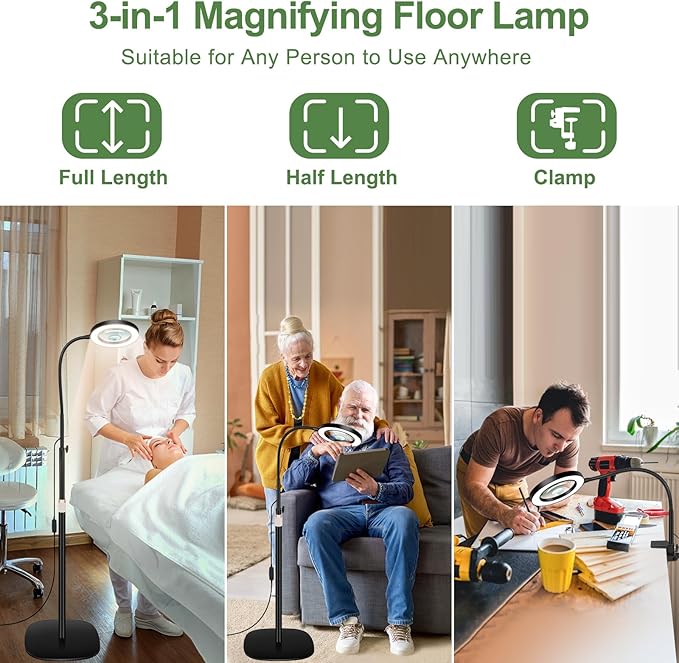 10X&5X Magnifying Glass with Light, 3-in-1 Magnifying Floor Lamp, Flexible Goose Neck, 3 Color Modes 10 Levels Dimmable LED Lighted Magnifier Lamp for Home Office Close Wrok Reading Hands Free - LeafyLoom