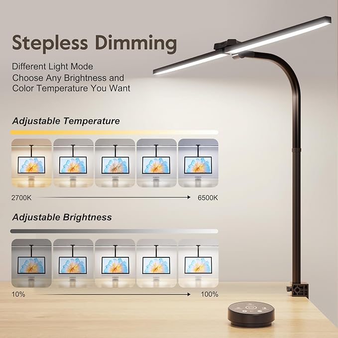 Brightown LED Desk Lamp for Office Home, 24W Double Head Architect Desk Lamp with Clamp, Remote Control, Hand Sweep Switch, Stepless Lighting, Flexible Gooseneck Dimming Table Light - LeafyLoom