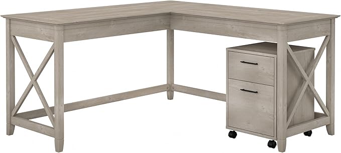 Bush Furniture Key West 60W L Shaped Desk with 2 Drawer Mobile File Cabinet in Washed Gray - LeafyLoom