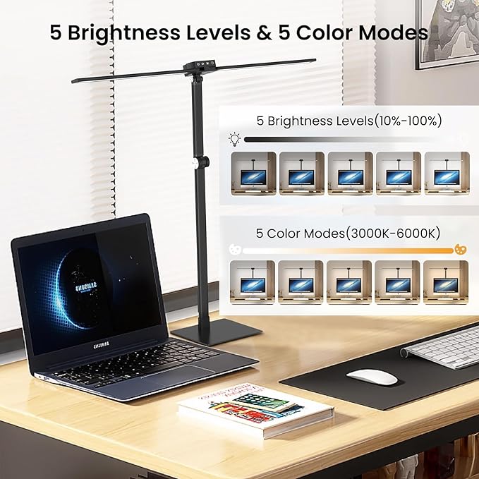 LED Desk Lamp, Newest Hand-Sweep Sensor Desk Lamps for Home Office, Double Head Architect lamp with Type-C & USB Charger, 24W Dimmable Smart Light with Timer, Black - LeafyLoom