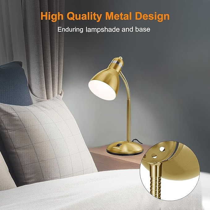 LEPOWER Metal Desk Lamp, Adjustable Goose Neck Table Lamp, Eye-Caring Study Desk Lamps for Bedroom, Study Room and Office (Gold) - LeafyLoom