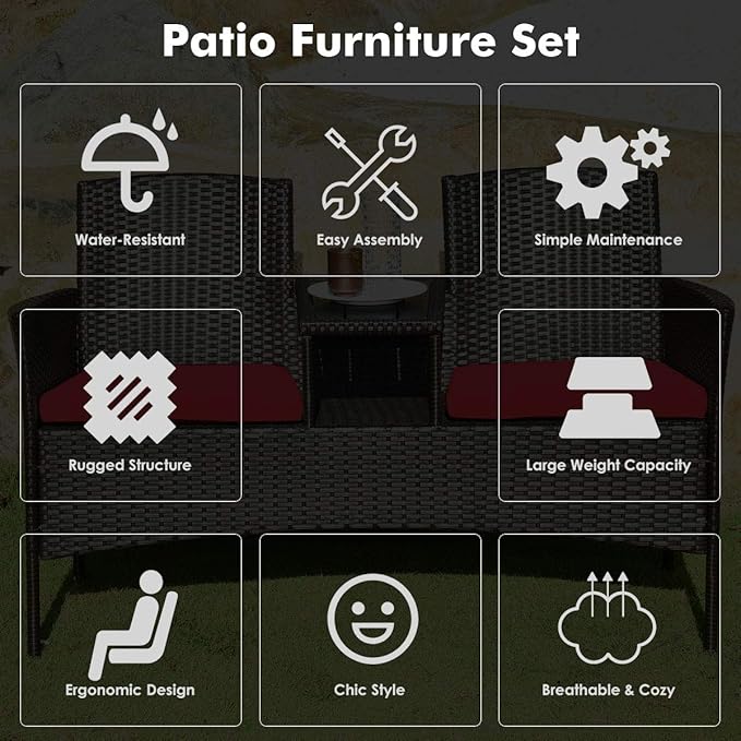 LUARANE Outdoor Rattan Sofas, Contract Patio Conversation Set Wicker Sofa Set with Built-in Coffee Table, Patio Furniture Set with Cushions, Rattan Loveseat for Lawn Backyard Garden (Brown+Red) - LeafyLoom