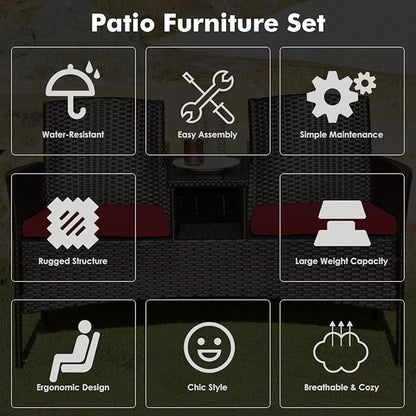 LUARANE Outdoor Rattan Sofas, Contract Patio Conversation Set Wicker Sofa Set with Built-in Coffee Table, Patio Furniture Set with Cushions, Rattan Loveseat for Lawn Backyard Garden (Brown+Red) - LeafyLoom