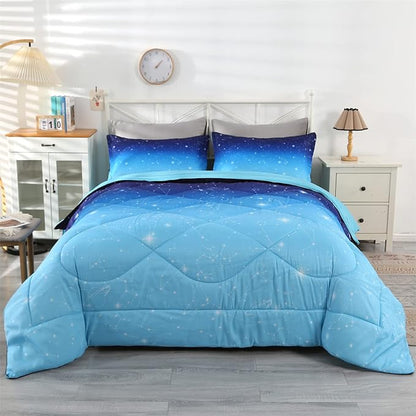 Wowelife Glitter Bedding Set Twin Comforter Set for Girls 5 Pieces Blue Galaxy Comforter Set Twin Bed Set Bed in a Bag with Sheets Comfortable and Breathable for Kids - LeafyLoom