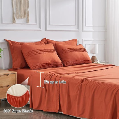 ENJOHOS California King Size Comforter Set with Sheets 7 Pc - Burnt Orange Oversized King Comforter Set, King Bed in a Bag Set, Boho Tufted Bedding with Pom, Lightweight Microfiber Comforter - LeafyLoom