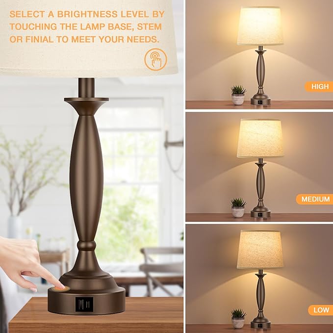 Beige Brown Lamps for Bedrooms Set of 2 - Touch Control Bedside Lamp with USB C+A, 3 Way Dimmable Nightstand Lamps with USB Port, Table Lamp for Living Room(Beige Shade and Brown Base) - LeafyLoom