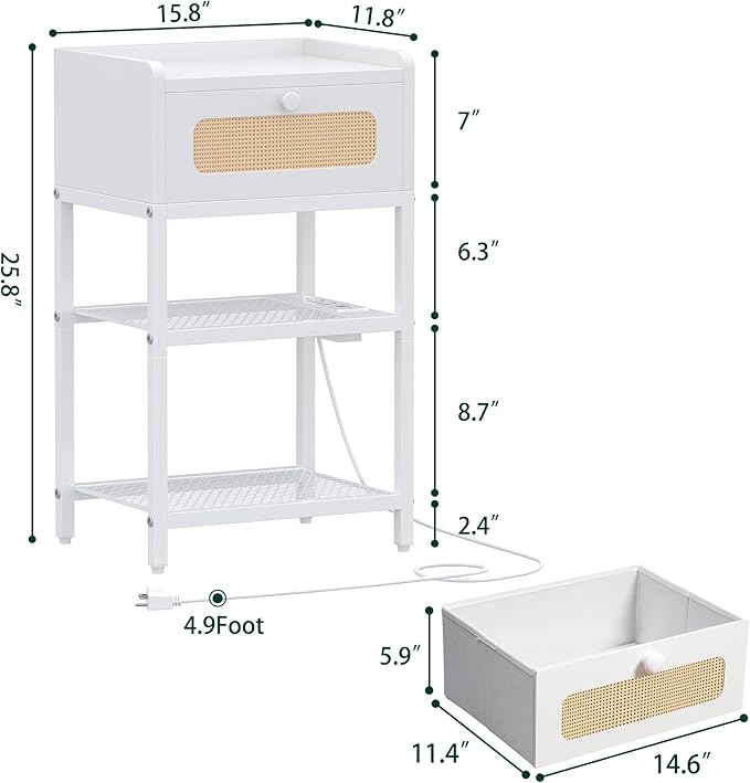 Night Stand, Side Table with Rattan Drawer, Nightstand with Charging Station, Industrial Bedside Table with 3-Tier Storage, White JET003CW1 - LeafyLoom