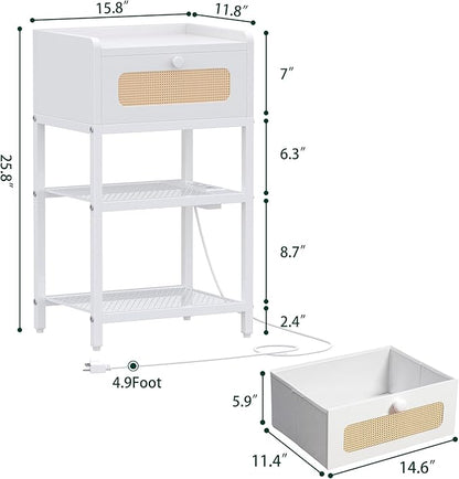 Night Stand, Side Table with Rattan Drawer, Nightstand with Charging Station, Industrial Bedside Table with 3-Tier Storage, White JET003CW1 - LeafyLoom