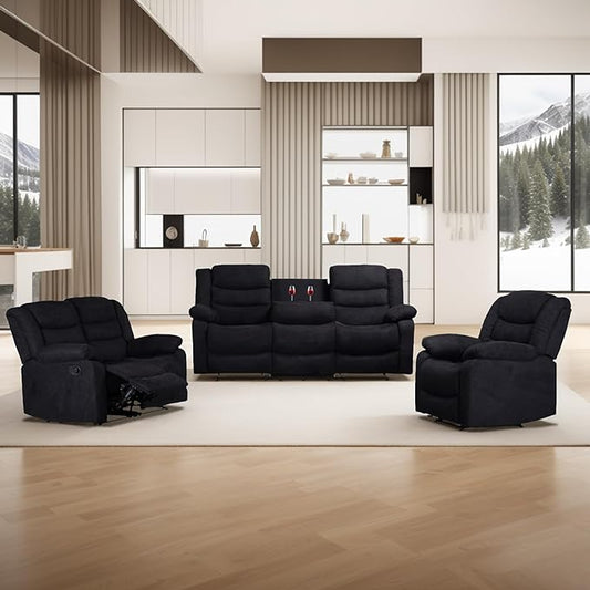 Manual Set, Modern Single Chair, Loveseat and 3 Seat Sofa&Couch with Consoles,2 Cup Holders and Storage, Living Room Furniture, Upholstered Reclining Sectional Sofa, Black - LeafyLoom