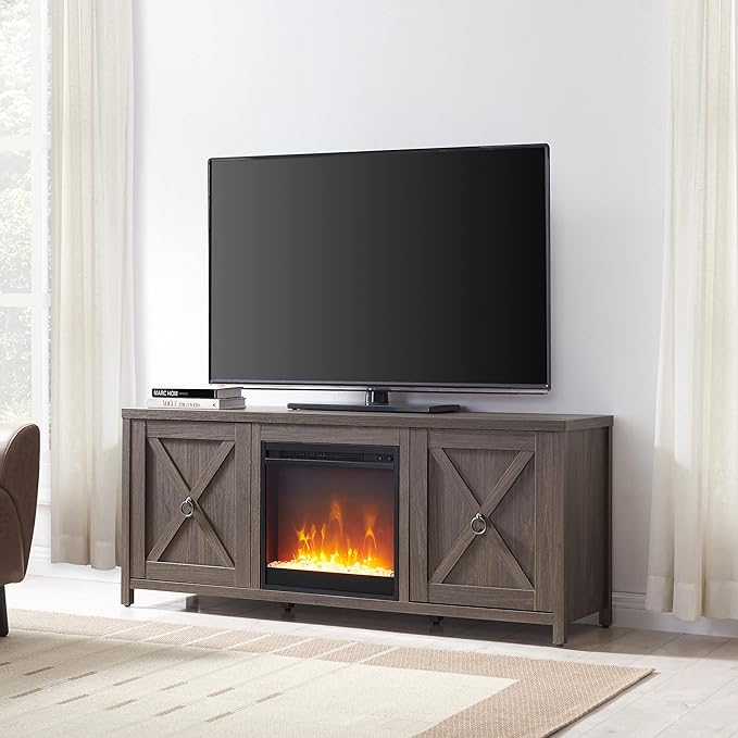 Henn&Hart Rectangular TV Stand with Crystal Fireplace for TV's up to 65" in Alder Brown, Electric Fireplace TV Stands for the Living Room - LeafyLoom