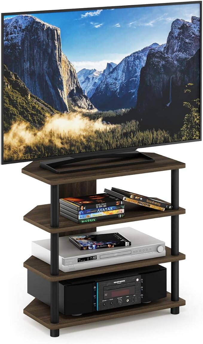 Furinno Turn-N-Tube Easy Assembly 4-Tier Petite Entertainment Center / TV Stand / TV Unit / TV Desk, Columbia Walnut/Black - LeafyLoom