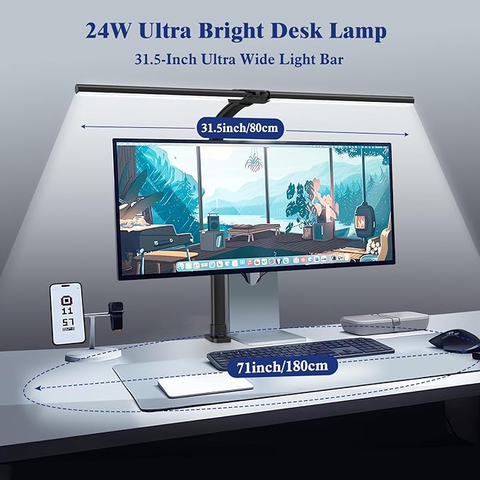 Desk Lamp for Home Office, 24W LED Desk Lamp with Clamp - 25 Lighting Modes Dimming Workbench Light with Flexible Gooseneck, Eye Protection Modern Desk Lamp for Reading Study Monitor Drafting - LeafyLoom