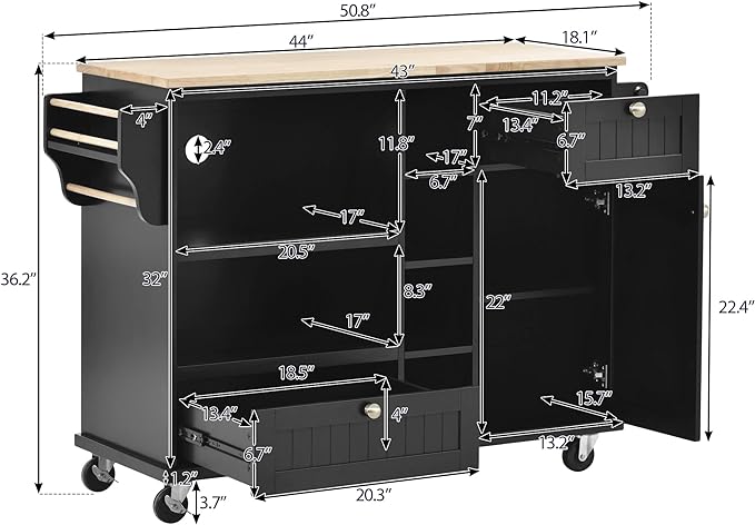 Mobile Cart with Storage Cabinet & Solid Wood Desktop, Kitchen Island on Wheels w/Adjustable Shelf and Drawer, Floor Standing Buffet Server Sideboard for Dining Room, Bar, Black, 50.8 Inch - LeafyLoom