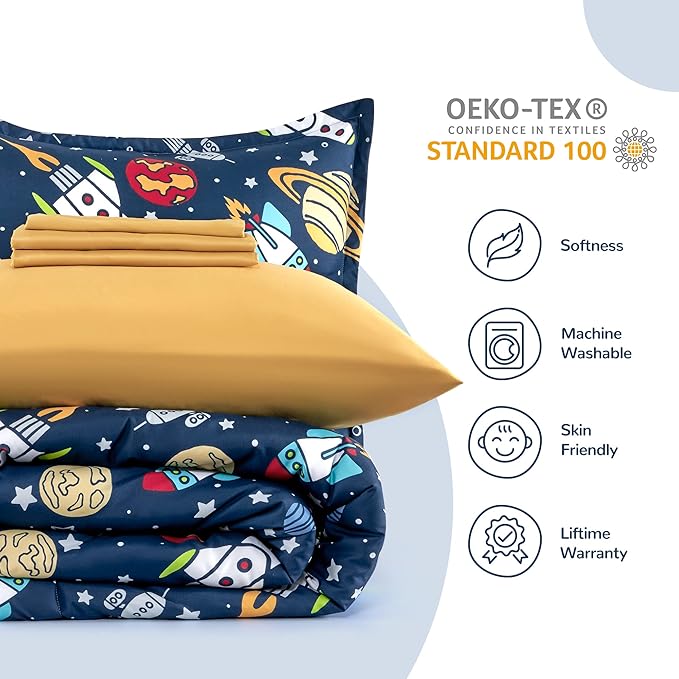 SLEEP ZONE Kids Twin Bedding Comforter Set - Super Cute & Soft Kids Bedding 5 Pieces Set with Comforter, Sheet, Pillowcase & Sham (Rocket Galaxy) - LeafyLoom