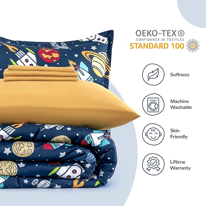 SLEEP ZONE Kids Bedding Comforter Set Full/Queen Size - Super Cute & Soft Kids Bedding 7 Pieces Set with Comforter, Sheet, Pillowcase & Sham (Rocket Galaxy) - LeafyLoom