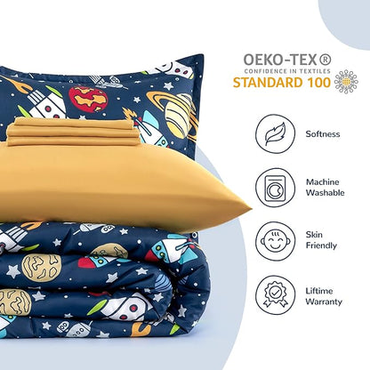 SLEEP ZONE Kids Bedding Comforter Set Full/Queen Size - Super Cute & Soft Kids Bedding 7 Pieces Set with Comforter, Sheet, Pillowcase & Sham (Rocket Galaxy) - LeafyLoom