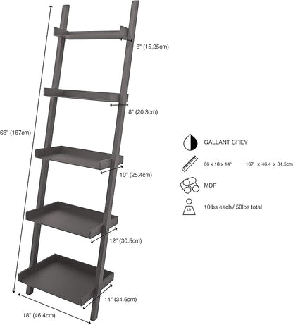 Kiera Grace Providence Hadfield 5 Tier Ladder Shelf, Leaning Bookshelf Storage Rack for Home, Office, 18" x 67", Medium Grey - LeafyLoom