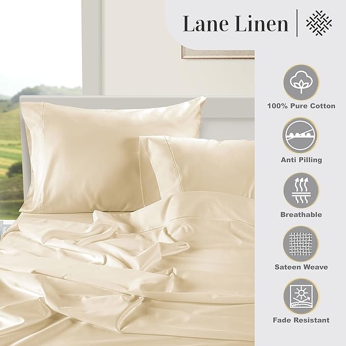 LANE LINEN Luxury 100% Egyptian Cotton Bed Sheets - 1000 Thread Count 4-Piece Ivory Full Set Bedding Sateen Weave Hotel 16" Deep Pocket (Fits Upto 17" Mattress) - LeafyLoom