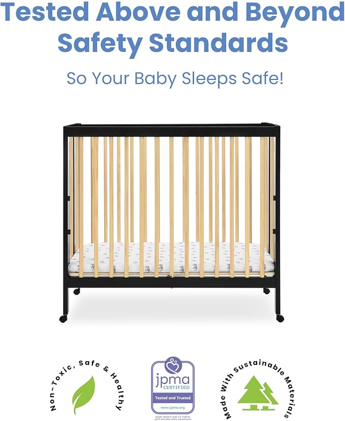 Delta Children Mia Portable Folding Mini Crib with 1.5-Inch Mattress - Greenguard Gold Certified, Ebony Black/Natural - LeafyLoom