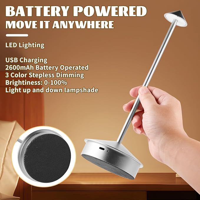 Rechargeable Battery Operated Desk Lamp with Touch Sensor Cordless Portable LED Table Lamp， Three-Level Dimmable Suitable for Bars/Cafes/Restaurants/Bedrooms/Camping Sites (Silver) - LeafyLoom