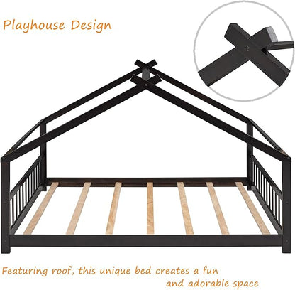 Bellemave Wood Montessori Full Size Bed Frame, Espresso - Playhouse Design, Sturdy, Safety, No Box Spring Needed, Easy Assemble - LeafyLoom