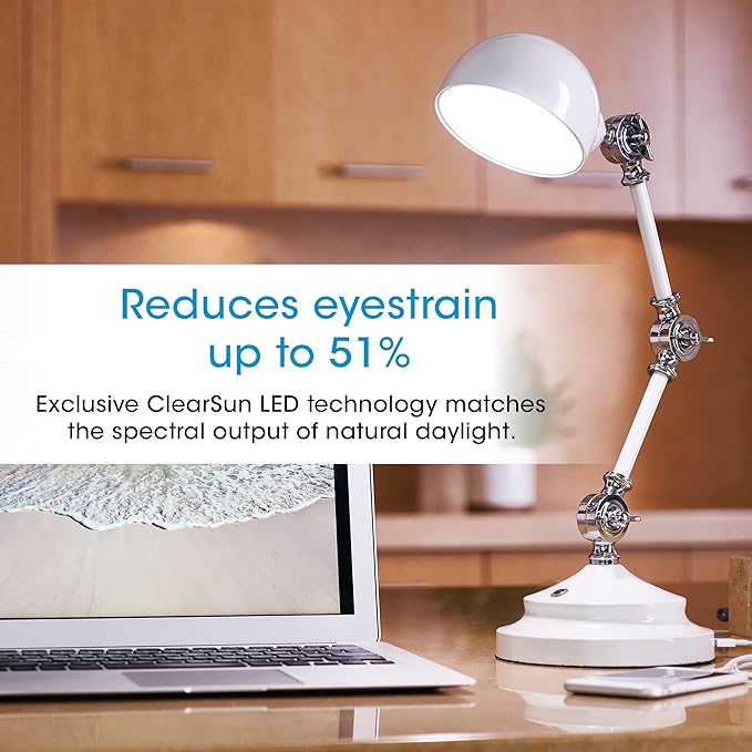 OttLite Pharmacy Adjustable LED Desk Lamp with USB Charging, Prevention Series - Designed to Reduce Eyestrain, 3-Point Adjustable Neck, 3 Brightness Settings with Touch Controls - Office Work, Reading - LeafyLoom