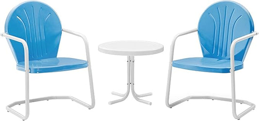 Crosley Furniture KO10004BL Griffith 3-Piece Retro Metal Outdoor Seating Set with Table and 2 Chairs, Sky Blue - LeafyLoom