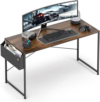 MoNiBloom Home Office Gaming Desk, 55 Inches Computer Study Table with A Storage Bag, Rustic Brown - LeafyLoom