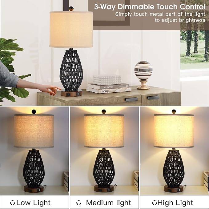 Touch Control Rattan Table Lamps, 3 Way Dimmable Bedside Lamps for Bedroom Set of 2 with 2 USB Ports and AC Outlet, Black Wicker Nightstand Lamps for Living Room (LED Bulbs Included) - LeafyLoom