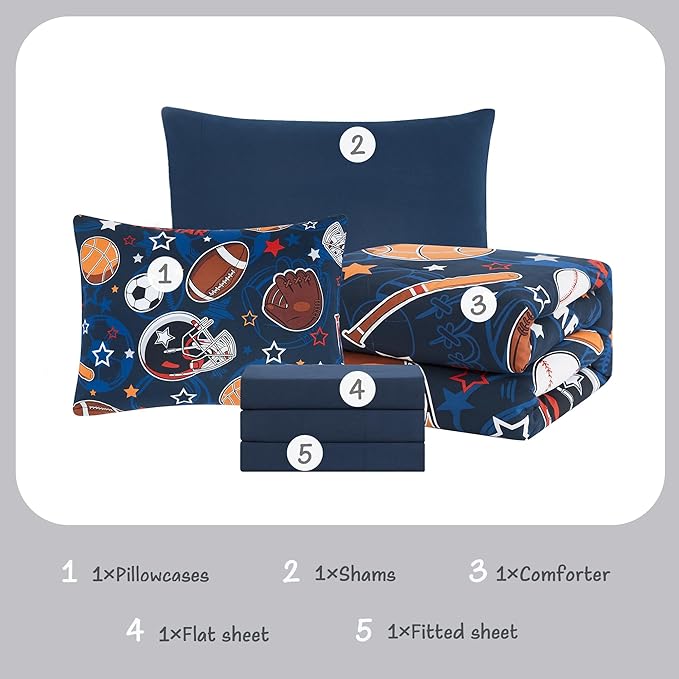 Sports Ball Games Twin Comforter Set with Sheets - 5 Pieces Kids Twin Bedding Sets for Boys, Glow in The Dark Baseball Basketball Football Soccer Twin Bed in a Bag for Kids, Teens - LeafyLoom