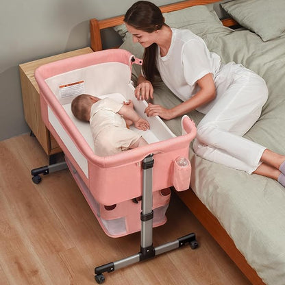 Baby Crib,3 in 1 Bedside Crib Adjustable Portable Bed for Infant,Baby Bassinet Baby Newborn Must Have Bed,Pink - LeafyLoom