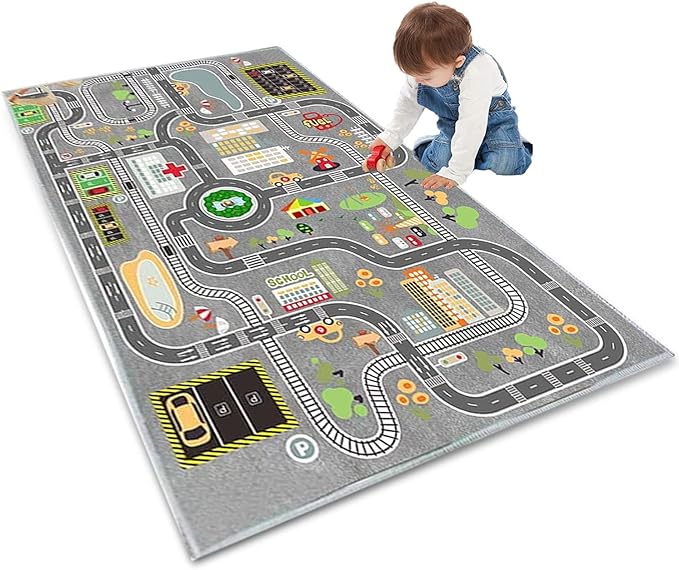 Kids Rug Play Mat Great for Playing with Cars and Toys,Educational Kid Road and Traffic City Life Carpet,Children Baby Fun Throw Rug for Bedroom Play Room,71X106Inch/180X280CM - LeafyLoom