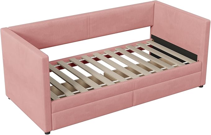 Twin Size Upholstered Daybed with 2 Storage Drawers, Corduroy Sofa Bed Frame for Living Room, Bedroom, Wood Slat Support, Pink - LeafyLoom