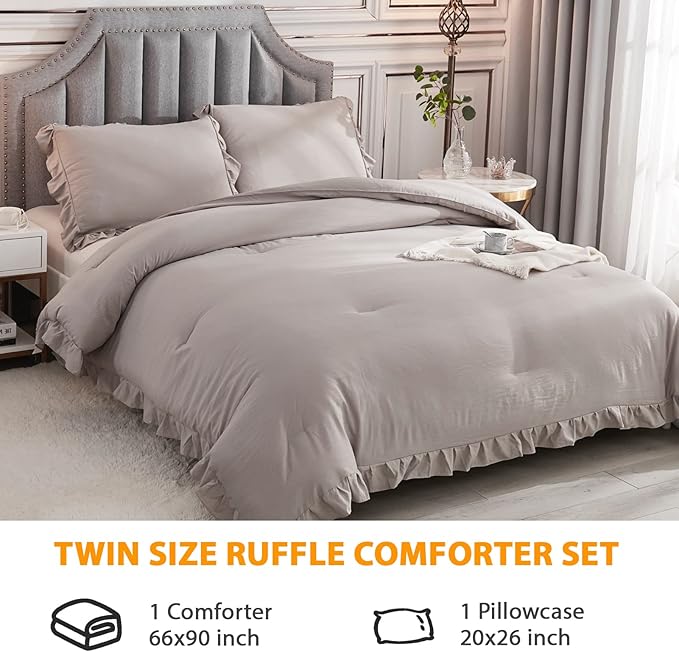 Andency Wheat Ruffle Comforter Set, 2 Pieces Kids Comforter Set Twin(66x90Inch), Farmhouse Shabby Chic Comforter Set, Soft Microfiber Kids Bedding Set - LeafyLoom