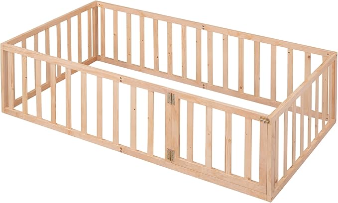 Multifunctional Twin Size Floor Bed with Safety Guardrails and Door, Montessori Sturdy Solid Wood Beds Frame, Easy Assembly and No Spring Need, for Boys and Girls Room, Natural - LeafyLoom