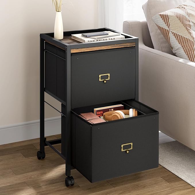 File Cabinet with 2 Drawers, Mobile Filing Cabinet Fits Letter Size or A4, Fabric Vertical File Cabinet on Wheels, File Cabinet for Home Office, Small Under Desk Storage Cabinet, Black - LeafyLoom