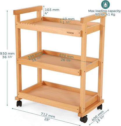 VISWIN 37" H Art Cart Storage Organizer 3-Tier, Solid Beech Wood Rolling Utility Cart with Caster Wheels, Multifunctional Art Supplies Craft Cart Organizer, Trolley for Studio, Classroom, Kitchen - LeafyLoom