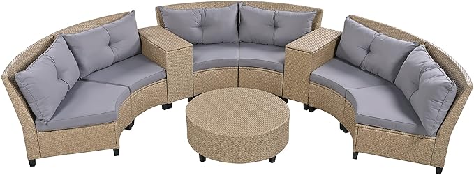 Outdoor 9 Pieces Patio Furniture Half Moon Wicker Sofa Sets, Fan-Shaped Curved Sectional Couch with Coffee Table and Gray Cushions, 1, Brown Rattan - LeafyLoom