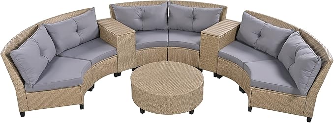 9 Pieces Outdoor Furniture Half Moon Wicker Patio Sets with Coffee Table, All-Weather Fan-Shaped Curved Sectional Sofa Couch with Gray Cushions, Onesize, Brown Rattan - LeafyLoom