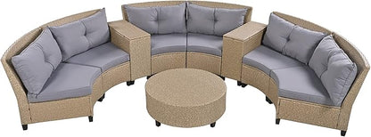 9 Pieces Outdoor Furniture Half Moon Wicker Patio Sets with Coffee Table, All-Weather Fan-Shaped Curved Sectional Sofa Couch with Gray Cushions, Onesize, Brown Rattan - LeafyLoom