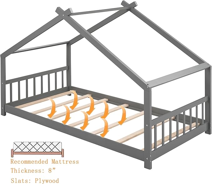 Kids Montessori Floor Bed Twin Size, Twin Floor Bed Frame with Headboard, Footboard and Slats, Wood Montessori Bed Twin Size/House Floor Bed for Kids, Girls, Boys, Gray Floor Bed - LeafyLoom