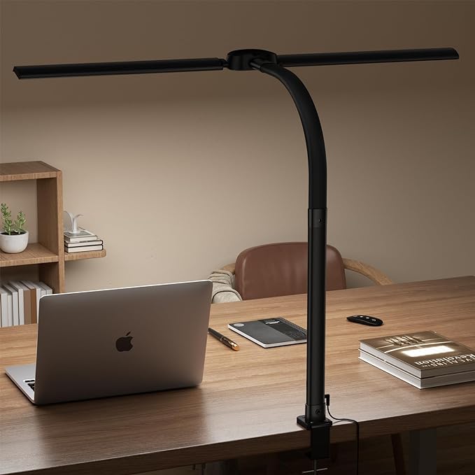 Led Desk Lamp with USB Charging Port Architect Task Dual Lamps for Home Office with Atmosphere Lighting, 24W Ultra Bright Modern Flexible Gooseneck Tall Table Light 5 Color Modes for Drafting Reading - LeafyLoom